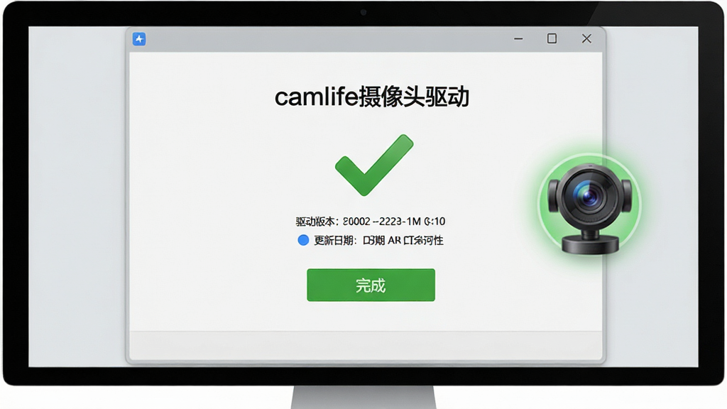 主体:一台电脑屏幕显示“camlife摄像头驱动”的安装成功界面,旁边有摄像头设备图标;布局:界面中央有绿色对勾,下方有“完成”按钮;排版:清晰展示驱动版本和更新日期;风格:商务简洁风,背景浅灰色;细节:摄像头图标高亮,成功提示醒目;画质:高清,干净,无多余元素