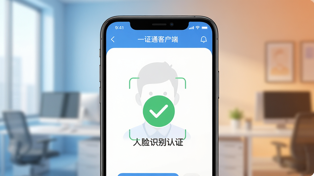 特写镜头展示“一证通客户端”APP界面,手机屏幕中央显示“人脸识别认证”界面,绿色对勾图标表示认证成功。背景为柔和的渐变色办公室环境。屏幕界面清晰,布局简洁。采用产品渲染图风格,细节丰富,画质高清,干净,无多余元素。