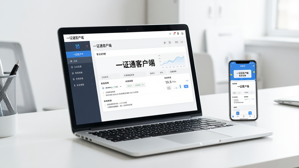 一张办公桌场景,桌面上摆放着笔记本电脑,屏幕中显示“一证通客户端”后台管理界面。旁边有一部手机,屏幕亮起显示同一应用的移动端界面。整体画面简洁明亮,风格为写实摄影。画质清晰,干净,无多余元素。