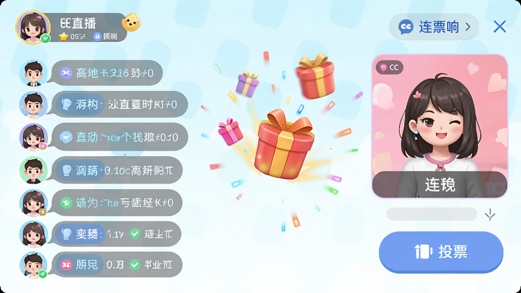 CC直播手机端互动界面,展示弹幕飘屏、礼物连击特效、连麦窗口与投票按钮,色彩明亮活泼,布局紧凑有序,风格清新可爱,细节包括用户头像与等级标识,画质干净高清。
