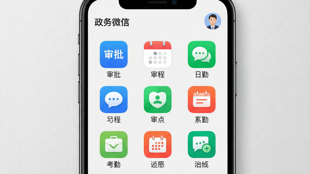 主体:政务微信工作台应用列表。布局:手机屏幕展示九宫格应用图标,包括审批、日程、考勤等,背景为浅灰纹理。排版:图标大小均匀,色彩鲜明。风格:现代简约。细节:图标下方标注文字,顶部显示“政务微信”与用户头像。画质:干净,无多余元素。