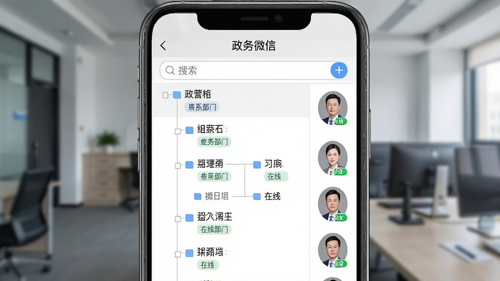 主体:政务微信组织通讯录界面。布局:手机屏幕居中,展示树状组织架构与搜索框,右侧为联系人头像。排版:列表清晰,姓名与部门标签明显。风格:简洁商务风。细节:屏幕顶部有“政务微信”字样,联系人旁有“在线”状态。画质:高清,干净。