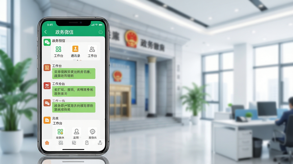 主体:政务微信软件界面与办公场景。布局:前景是手机屏幕显示政务微信的聊天与工作台界面,背景是模糊的政府大楼或现代办公室。排版:手机居中偏左,右侧留白,界面清晰展示功能图标。风格:写实与科技感结合,明亮通透。细节:手机屏幕中显示“政务微信”字样与“工作台”“通讯录”等菜单,背景带有绿色植物。画质:高清,干净,无多余元素。