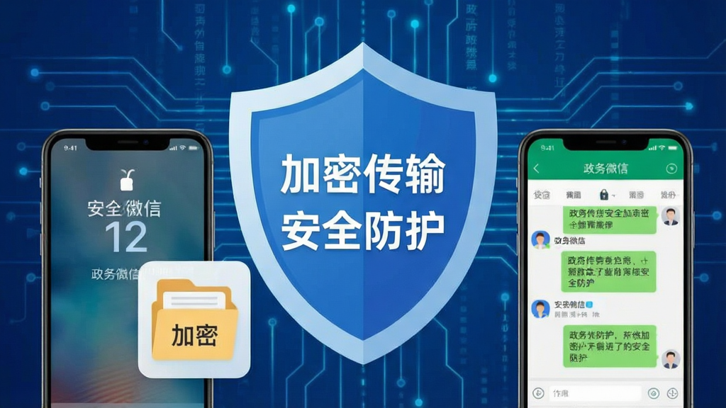 主体:政务微信安全加密功能展示。布局:前景是手机锁屏与加密文件图标,背景是盾牌与数据流线条。排版:盾牌位于中央,手机分列两侧。风格:扁平化与科技感。细节:盾牌上写有“加密传输”“安全防护”,手机屏幕中显示“政务微信”聊天界面。画质:干净,无多余元素。