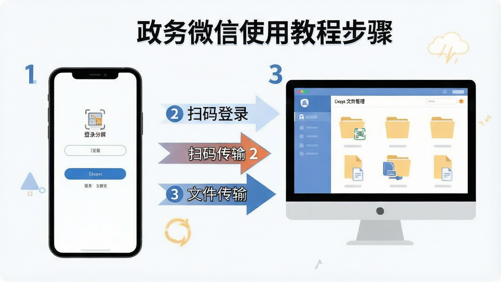 主体:政务微信使用教程步骤图。布局:左侧为手机操作,右侧为电脑屏幕,中间用箭头连接。排版:步骤分解为1-2-3,清晰标注。风格:扁平化插画。细节:手机中显示登录界面,电脑中显示文件管理,箭头上写有“扫码登录”“文件传输”。画质:干净,无多余元素。