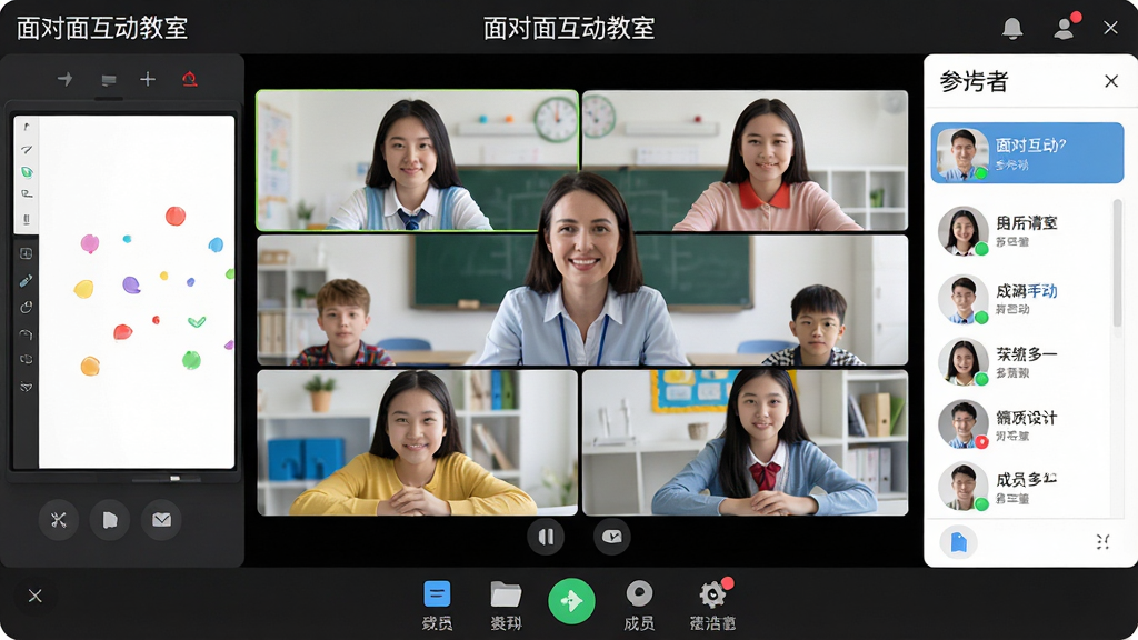 主体:面对面互动教室软件界面,展示视频课堂中教师与学生多人连线画面,界面包含电子白板、聊天窗口、成员列表等元素。布局:居中展示主视频窗口,左侧为白板区域,右侧为参与者列表,底部为功能工具栏。排版:清晰的功能分区,图标与文字标签相结合。风格:现代简约,教育科技感。细节:屏幕上有“面对面互动教室”字样,视频画面清晰,色彩明亮。画质:高清,干净,无多余元素。
