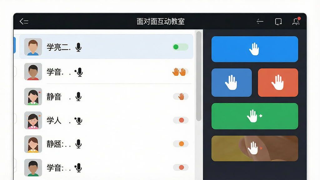 主体:面对面互动教室的课堂管理界面,展示教师端控制面板,包含学生列表、静音按钮、举手图标等控件。布局:左侧为学生列表,右侧为功能按钮区。排版:列表清晰,按钮醒目。风格:简洁实用,教育管理风格。细节:学生姓名旁有麦克风图标和举手状态标识,顶部显示“面对面互动教室”软件名称。画质:清晰,干净,无多余元素。