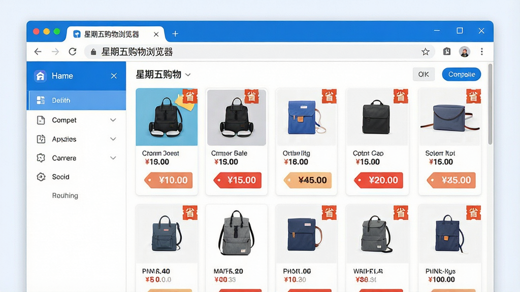 主体:星期五购物浏览器界面展示,前景是浏览器窗口,页面中显示多个购物网站的商品对比,有价格标签和优惠券图标。布局:左侧为浏览器侧边栏,右侧为商品比价结果列表,整体横向构图。排版:界面干净整洁,商品卡片整齐排列,价格信息醒目。风格:现代扁平化设计,色彩明快,以蓝白为主色调。细节:浏览器地址栏显示“星期五购物浏览器”,商品图片清晰,价格数字突出,优惠券标签带“省”字。画质:高清,干净,无多余元素。