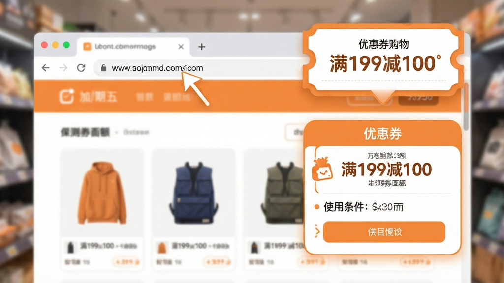 主体:星期五购物浏览器优惠券探测功能,画面中浏览器右上角弹出优惠券提示气泡。布局:左侧为商品页面,右侧为优惠券详情卡片。排版:卡片式设计,显示优惠券面额和使用条件。风格:温馨活泼,橙色主调,圆角卡片。细节:优惠券上有“满199减100”字样,气泡箭头指向地址栏,背景虚化。画质:高清,干净,无多余元素。