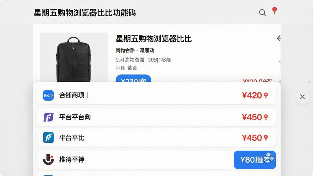 主体:星期五购物浏览器比价功能截图,画面中央是一个商品详情页,下方弹出比价列表。布局:上下结构,上方为商品主图,下方为多个平台价格对比条。排版:价格条横向排列,每个平台有独立图标和价格。风格:简洁商务风,浅灰背景,蓝色高亮最低价。细节:商品名称清晰,价格用红色标注,最低价有“推荐”徽章。画质:清晰,干净,无多余元素。
