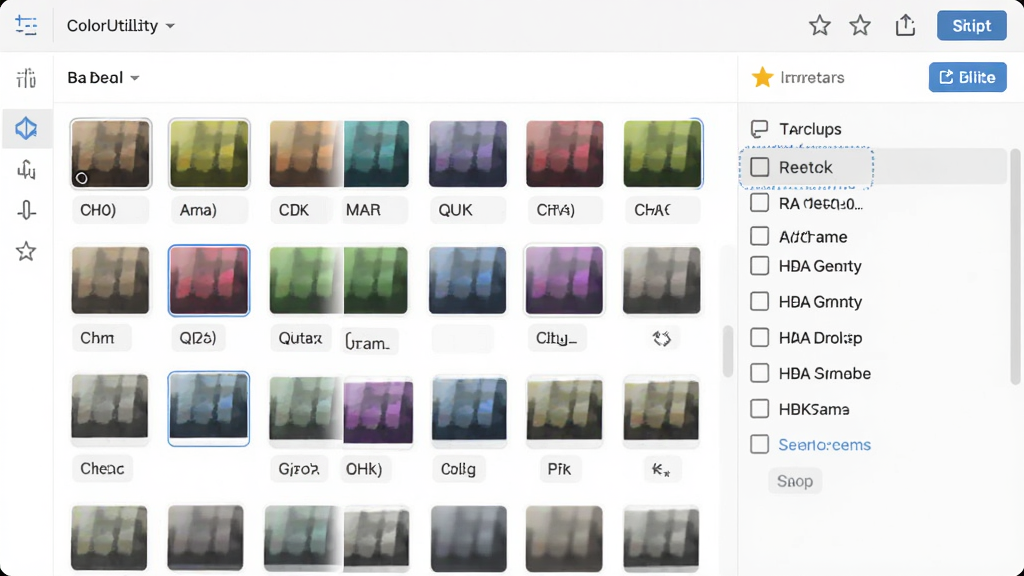ColorUtility调色板管理界面图,主体为软件调色板面板,布局包含颜色缩略图、名称标签与分组列表,排版整齐有序,风格为浅色系UI设计,细节展示星标收藏与导出按钮,画质干净无多余元素