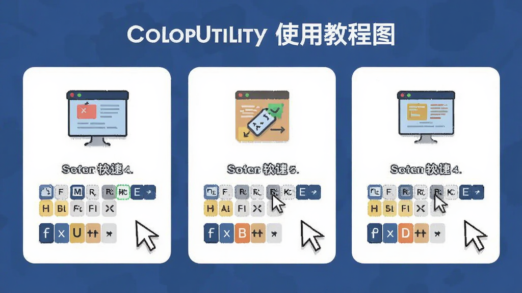 ColorUtility使用教程示意图,主体为软件操作步骤演示,布局分为三步骤卡片,每步配有小图标,排版清晰直观,风格为扁平化插画风,细节展示快捷键按键与鼠标指针,画质干净无多余元素