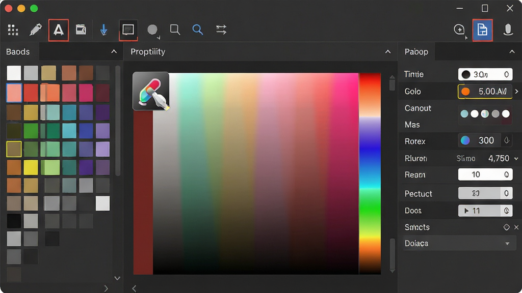 ColorUtility软件主界面预览图,主体为软件主窗口,布局包含顶部工具栏、左侧色板列表、中央大尺寸取色预览区与右侧颜色参数面板,排版清晰疏朗,风格为现代扁平化UI设计,细节展示取色吸管图标与色值数字,画质高清干净,无多余元素