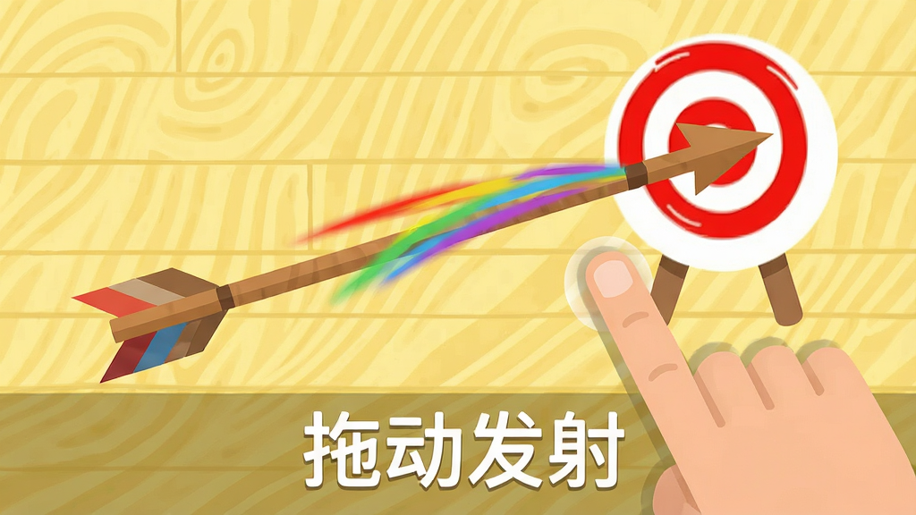 游戏操作演示画面,一只手指正在拖动一根木箭,箭体上带着彩色轨迹,背景是淡黄色的木纹桌面,旁边有一个红色靶心。画面下方有“拖动发射”的白色文字提示,整体明亮清晰,扁平化设计,画质干净。