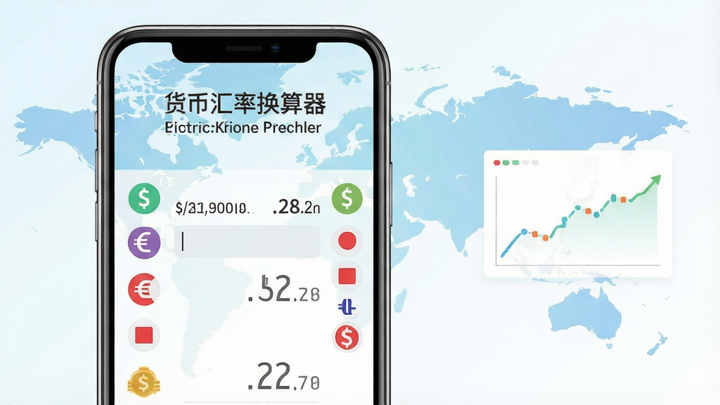 主体:一部智能手机屏幕显示货币汇率换算器应用界面,界面中央有货币金额输入框和换算结果,两侧列出美元、欧元、日元等主要货币图标,背景为淡蓝色渐变世界地图轮廓,布局:手机居中偏左,右侧留白配以简洁的汇率走势小图,排版:上下结构,上方为应用名称“货币汇率换算器”中英文,下方为功能示意,风格:扁平化UI设计,色彩清新明快,细节:货币符号清晰可辨,数字显示精确到小数点后两位,画质:高清渲染,干净,无多余元素