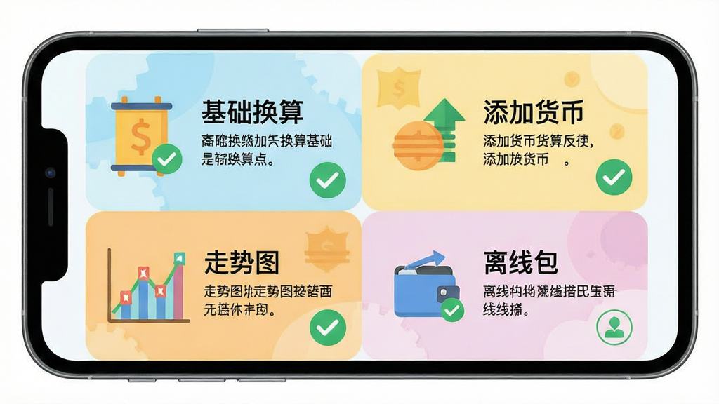 主体:智能手机横屏显示货币汇率换算器使用指南界面,屏幕被划分为四个区域,分别标注“基础换算”“添加货币”“走势图”“离线包”,每个区域有简短文字说明,布局:四宫格排版,排版:每个格子有图标和标题,风格:扁平化插画,色彩明快,细节:每个图标有绿色对勾,画质:高清,干净,无多余元素