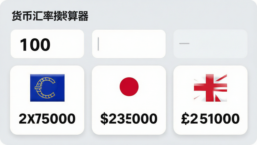 主体:货币汇率换算器多币种换算界面,输入框输入100,下方并列显示欧元、日元、英镑的换算结果,每个结果卡片有相应国旗图案,布局:三列卡片并排,排版:自上而下输入金额,再横向排列结果,风格:卡片式设计,圆角矩形,浅灰背景,细节:国旗图案清晰,数字字体加粗,画质:高清,干净,无多余元素