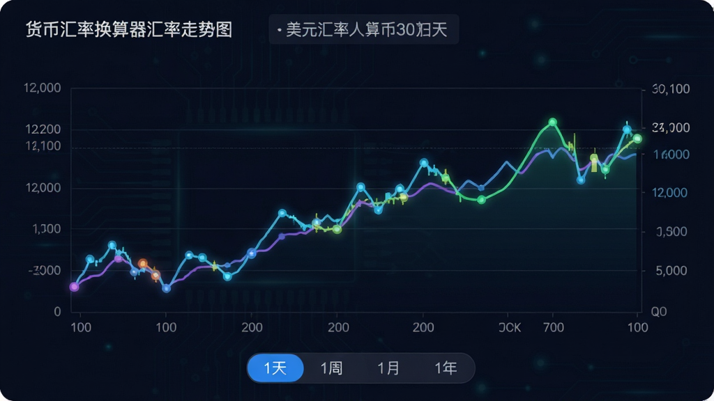 主体:货币汇率换算器汇率走势图界面,折线图展示美元兑人民币近30天走势,横轴为日期,纵轴为汇率数值,图表下方有“1天”“1周”“1月”“1年”切换按钮,布局:图表占屏幕主体,上方为货币对名称,排版:自上而下标题、图表、时间范围按钮,风格:深色背景搭配亮色线条,科技感,细节:数据点用圆点标出,画质:高清,干净,无多余元素