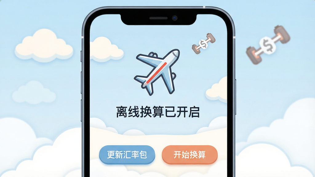 主体:智能手机显示货币汇率换算器离线模式界面,界面中央有飞机图标和“离线换算已开启”字样,背景是云朵和断开连接的图标,布局:图标居中,下方有两个按钮“更新汇率包”和“开始换算”,排版:上下居中排列,风格:插画风格,色彩柔和,细节:飞机图标带有Wi-Fi斜杠符号,画质:干净,无多余元素
