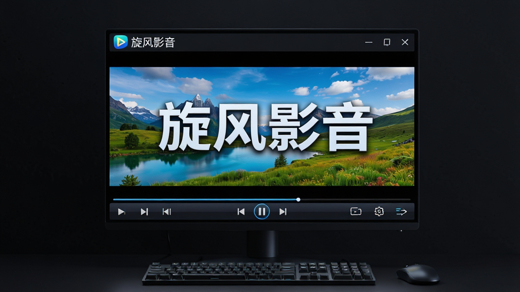 主体:一款名为“旋风影音”的播放器软件界面,展示在电脑显示器上,屏幕中播放着高清自然风光视频,画面色彩鲜艳。布局:显示器居中,周围有简洁的深色背景,下方有键盘鼠标。排版:界面显示“旋风影音”字样和播放控制栏。风格:现代科技感,3D渲染,光影效果。细节:界面图标清晰,视频画面细腻,文字“旋风影音”醒目。画质:8K超高清,干净,无多余元素。