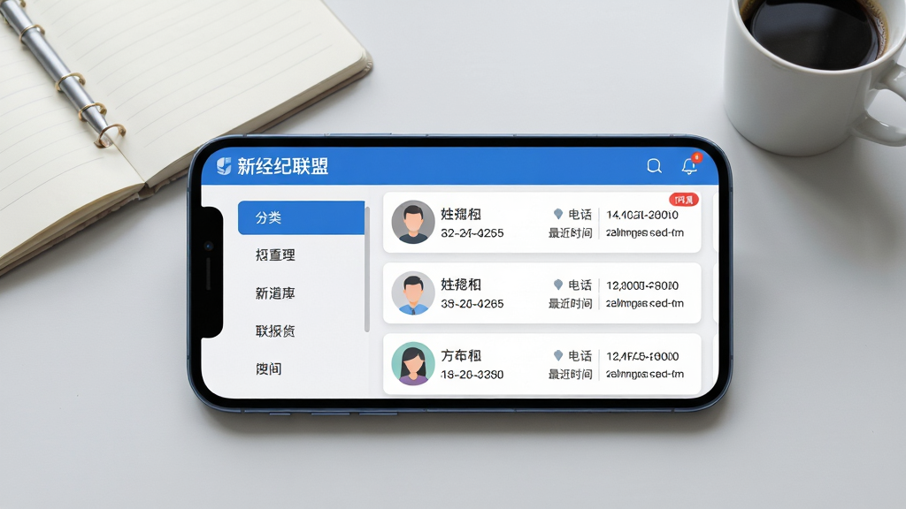 画面主体为智能手机横屏界面展示“新经纪联盟”的客户管理页面,左侧为分类标签栏,右侧为列表形式的客户卡片,每张卡片显示头像、姓名、电话和最近跟进时间。背景为简洁的浅灰色工作桌面,摆放有笔记本和咖啡杯。布局采用左右分栏结构,排版清晰,风格扁平化,主色调为蓝白灰,细节处有红色未读消息角标。画质高清,光影自然,整体干净无杂乱元素。