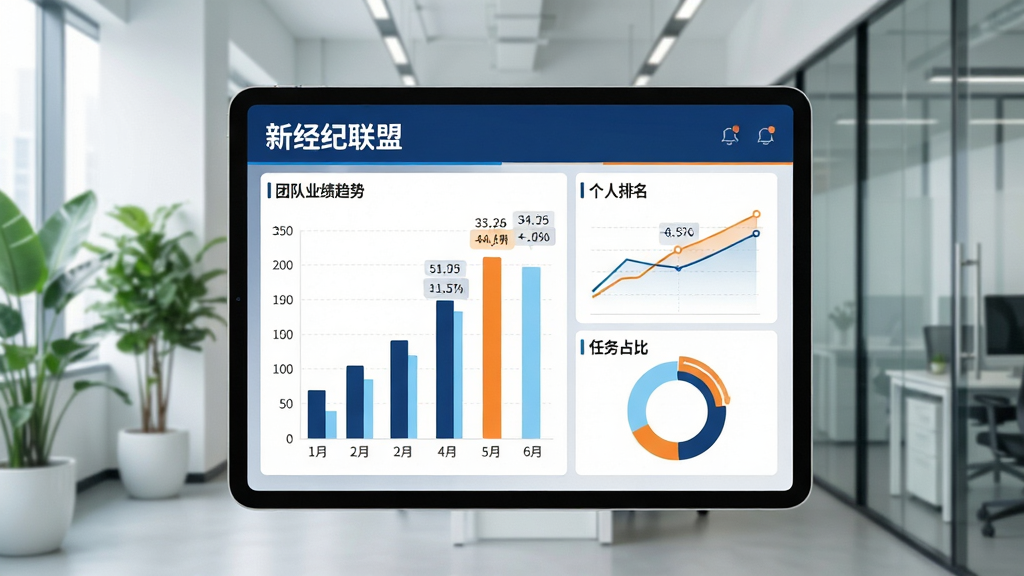 画面主体为平板电脑展示“新经纪联盟”的业绩看板界面,包含柱状图、折线图和环形图,分别展示团队业绩趋势、个人排名和任务占比,图表旁有数据标签。背景为现代办公室环境,有绿植和玻璃隔断。布局为平板居中,图表信息占据屏幕主要区域,排版清晰直观。风格为商务数据可视化,主色调为深蓝、浅蓝和橙色,画质高清,光线充足,画面干净,无多余元素。