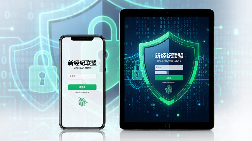 画面主体为一部智能手机和一部平板电脑并排摆放,屏幕中同时显示“新经纪联盟”的登录界面,背景为抽象的网络安全盾牌图形与二进制代码流。布局为对称构图,设备居中,背景科技感强。风格为科技安全风,主色调为深蓝色与荧光绿,细节有指纹解锁图标。画质高清,光线对比鲜明,整体干净,无多余元素。