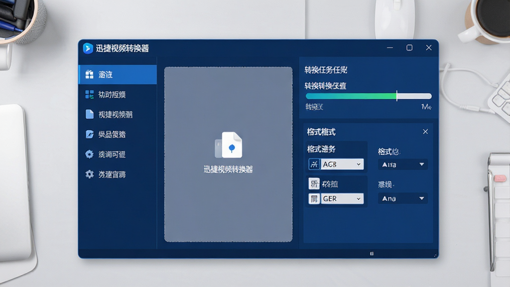 画面中央展示“迅捷视频转换器”软件主界面,深蓝色调,左侧功能列表清晰,右侧转换任务进度条正在运行,背景为浅灰色工作台,整体布局简洁明亮,风格现代扁平化,细节包含文件拖拽区域和格式选择面板,画质高清干净,无多余元素