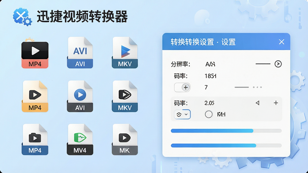 一张“迅捷视频转换器”功能展示图,左侧列出多种视频格式图标如MP4、AVI、MKV,右侧显示转换设置面板,包含分辨率、码率选项,背景为柔和的浅蓝渐变,排版整齐,风格科技感,细节有齿轮图标和进度条,画质干净清晰,无多余元素