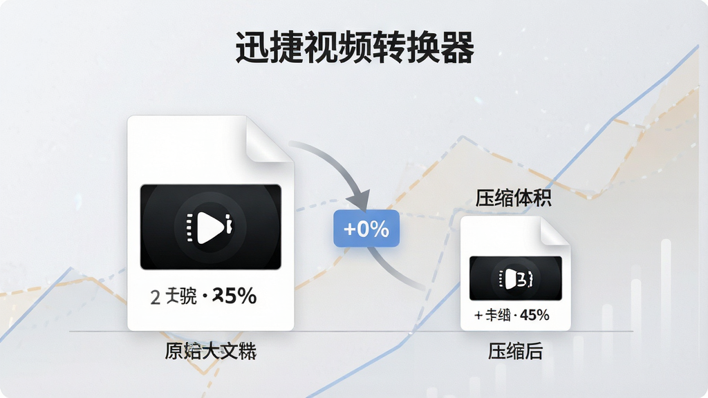 一张“迅捷视频转换器”压缩功能示意图,画面中央显示一个视频文件被压缩前后体积对比的柱状图,左侧为原始大文件,右侧为压缩后的小文件,背景为浅灰质感,风格简约商务,细节有百分比数字和优化提示,画质干净无多余元素