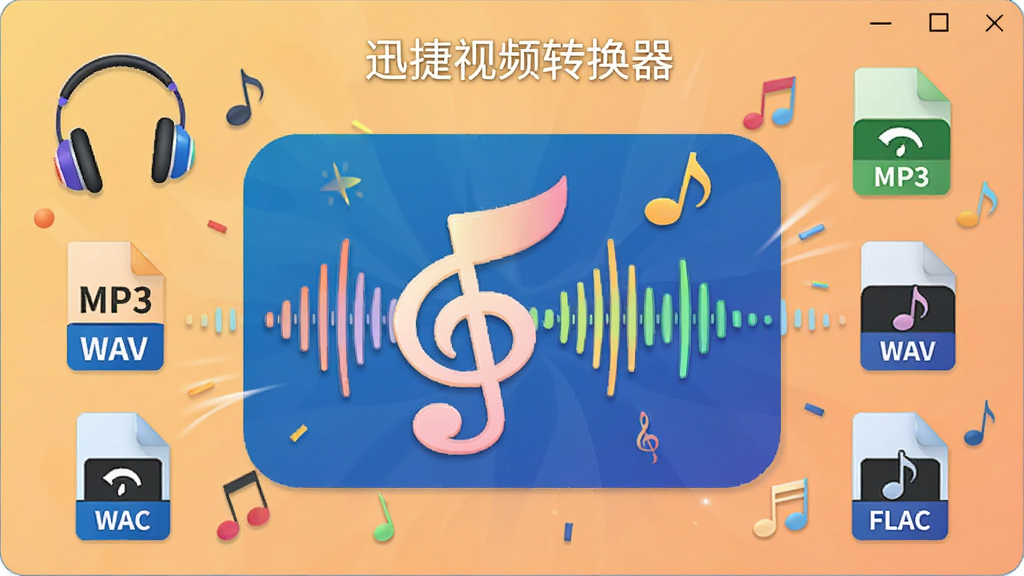 展示“迅捷视频转换器”音频提取界面,中央是一个音乐符号与声波图形,周围环绕MP3、WAV、FLAC等音频格式图标,背景为浅橙色渐变,风格活泼,细节有耳机和音符元素,画质干净,无多余元素