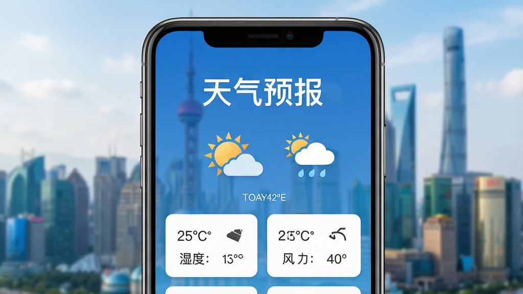 主体为一部现代智能手机屏幕特写,屏幕显示天气预报软件的蓝色主界面,界面中央有醒目的“天气预报”字样和今日晴雨图标,背景是虚化的城市天际线,布局居中,排版简洁,风格写实明亮,细节包含温度、湿度、风力等数据卡片,画质高清干净无多余元素