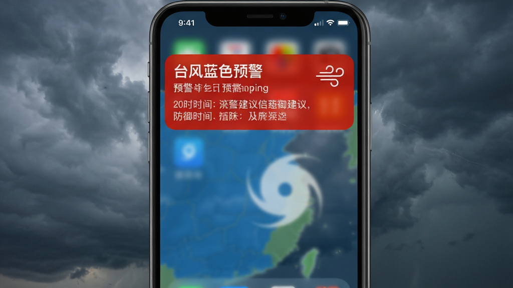 手机弹出天气预报软件的红色预警通知横幅,横幅上有“台风蓝色预警”字样和风力图标,背景是乌云密布的天空,布局聚焦于通知横幅,排版醒目,风格写实,细节包含预警时间和防御建议文字,画质干净无多余元素