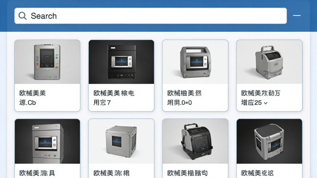 欧械美软件的产品检索功能界面截图,顶部有搜索框,下方列出多个产品卡片,包含图片和名称,界面清爽,蓝白配色,文字清晰,画质干净,无多余元素。
