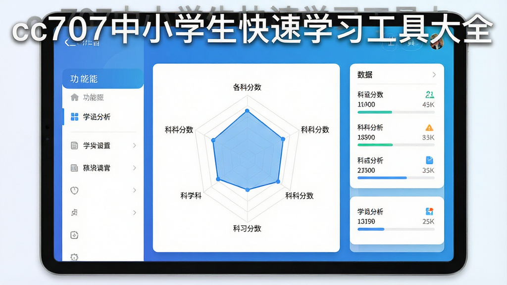 一张展示学习分析界面的APP截图风格图,主体是平板电脑界面,界面中央是雷达图和各科分数,雷达图上方有“cc707中小学生快速学习工具大全”的软件名水印,布局为左右分栏,左侧是功能列表,右侧是数据面板,风格简约科技感,细节包含蓝色渐变背景和白色卡片,画质清晰干净,无多余元素