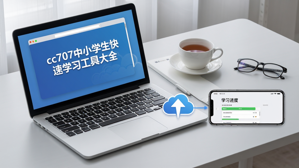 一张电脑与手机同步使用的场景图,主体是左侧一台笔记本电脑,右侧一部手机横屏显示学习进度,中间有云同步的箭头图标,电脑屏幕上有“cc707中小学生快速学习工具大全”的界面,背景为浅灰色工作台,布局平稳,风格科技商务,细节有茶杯和眼镜,画质干净无多余元素