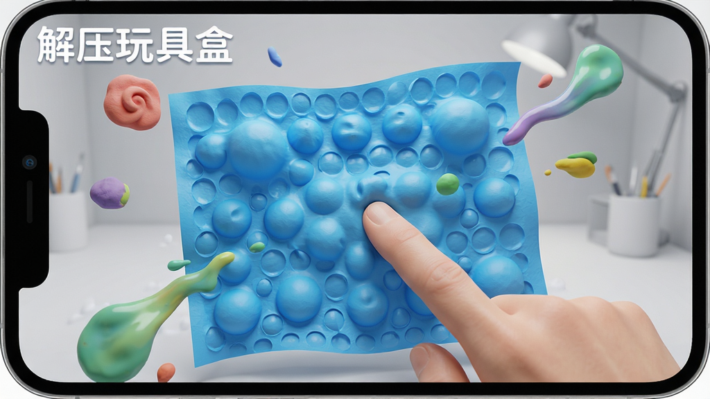 一张展示“解压玩具盒”APP内3D解压场景的图片,画面中央是一块正在被手指按压的蓝色泡泡纸,气泡凸起变形,周围漂浮着彩色软泥和流体特效,背景为浅灰色工作室环境,光线柔和,细节丰富,画质高清干净,无多余元素,突出软件名称“解压玩具盒”的沉浸式体验。