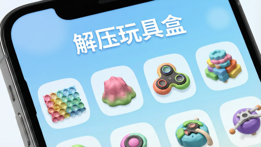 一张智能手机屏幕特写,屏幕中清晰显示“解压玩具盒”APP主界面,界面上排列着色彩鲜艳的泡泡纸、软泥、指尖陀螺等3D解压玩具图标,背景是柔和的渐变蓝色,整体风格明亮清新,画质细腻干净,无多余元素,突出“解压玩具盒”软件名称和丰富玩法。