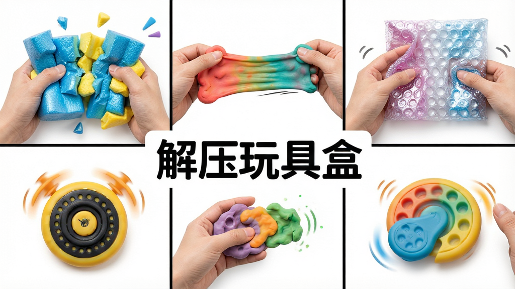 一张展示“解压玩具盒”APP多样化玩法的图片,画面被分割成多个小格子,每个格子展示不同的解压动作,包括捏碎泡沫、拉伸软泥、挤压气泡膜、旋转指尖陀螺等,色彩鲜艳,动作生动,背景为白色,整体风格活泼有趣,画质干净,无多余元素,突出软件名称“解压玩具盒”的丰富玩法。