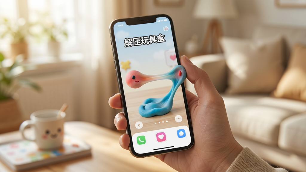一张展示“解压玩具盒”APP使用场景的图片,画面中一只手正拿着手机,屏幕上显示软泥拉伸的互动画面,周围环境为温馨的室内,光线自然,手部动作清晰,背景虚化,整体风格生活化,画质高清,无多余元素,突出软件名称“解压玩具盒”的易用性。
