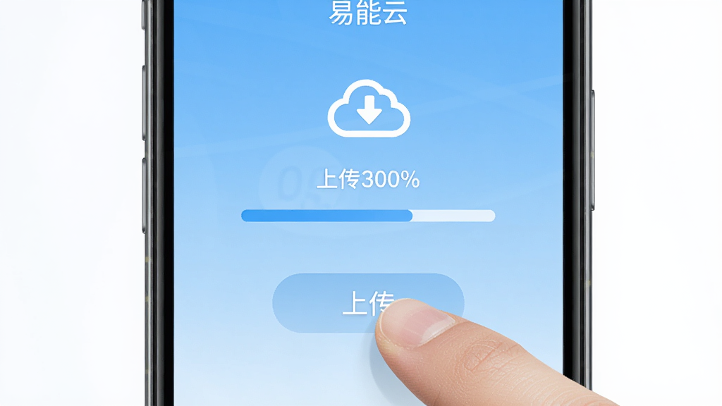 易能云手机端操作界面,手指点击上传按钮,屏幕显示文件上传进度条,背景为浅蓝色渐变,主体为手机屏幕特写,布局居中,风格清爽,细节包括上传图标和百分比数字,画质高清干净,无多余元素,文字标注