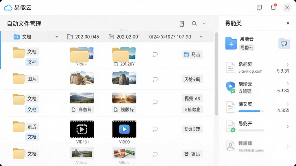 易能云智能文件管理界面,展示自动分类的文件夹如文档、图片、视频,右侧为文件详情面板,背景为白色简洁风格,主体为文件列表与标签,布局整齐,风格清新,细节包括时间戳和文件大小标注,画质高清干净,无多余元素,文字标注