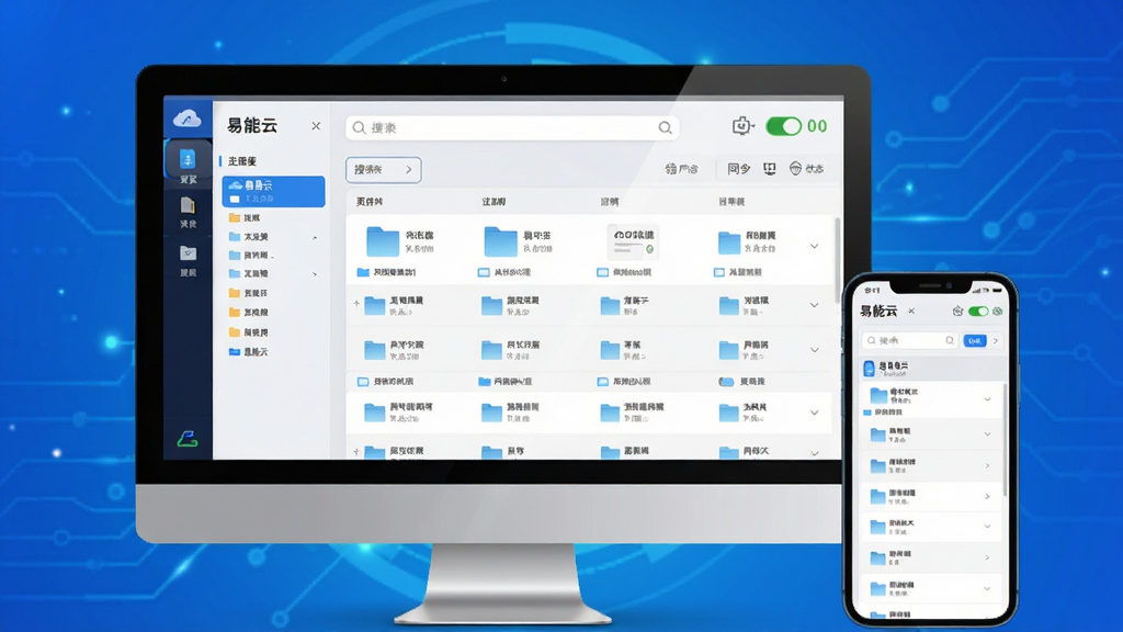易能云主界面展示,手机与电脑屏幕中显示云端文件管理界面,背景为渐变蓝色科技感,主体为易能云软件界面,布局清晰,左侧文件分类栏,右侧文件列表,顶部搜索框与同步状态图标,风格简洁现代,细节高光处理,画质高清干净,无多余元素,文字标注