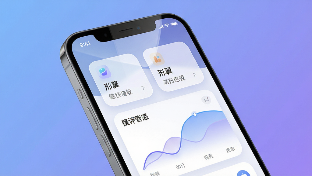 主体为一部现代智能手机屏幕特写,屏幕内显示“形翌”APP的简约主界面,包含圆角卡片式功能模块与流畅的曲线图表。布局采用居中构图,手机微微倾斜,背景是干净的渐变蓝紫色工作室场景。排版上,界面元素间距舒适,信息层级分明。风格为现代扁平化结合微拟物,光影柔和。细节上,屏幕反射出细腻光泽,界面中的文字清晰可辨。画质为8K超清,整体干净无多余元素。