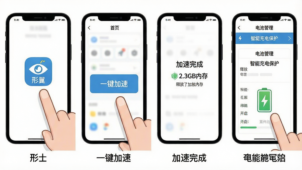 一张分步操作的教学示意图,共四格。第一格点击“形翌”图标打开应用,第二格点击首页中央的“一键加速”大按钮,第三格显示加速完成并释放了2.3GB内存,第四格进入电池管理页面开启“智能充电保护”。布局为从左到右的流程,每格下方有简短文字说明。风格为清爽的插画风,背景为纯白色,手机和手指的图形简洁明了。画质干净,细节清晰,无多余元素。