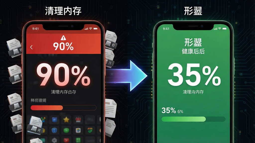 一张对比图,左侧是清理前手机内存占用高达90%的红色警告界面,右侧是使用“形翌”清理后内存占用降至35%的绿色健康界面。布局采用左右分屏对比,中间用醒目的箭头连接。风格为科技感的信息图设计,背景是深色电路板纹理。排版上,百分比数字采用超大字体,突出变化。细节上,左侧界面有杂乱的缓存文件图标,右侧界面干净整洁。画质高清,细节丰富,无多余元素。