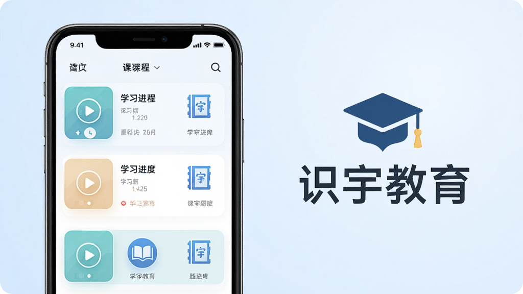 ��������Ϊʶ�����APP����չʾ������ֻ���Ļ��ʾ�γ��б���ѧϰ���ȣ��Ҳ����С�ʶ�������Ʒ��������ѧʿñͼ�꣬����Ϊ����ɫ���䣬���岼���������Ű��࣬�ִ���ƽ�����ϸ�ڰ������Ű�ť�����ͼ�꣬���ʸ���ɾ����޶���Ԫ��