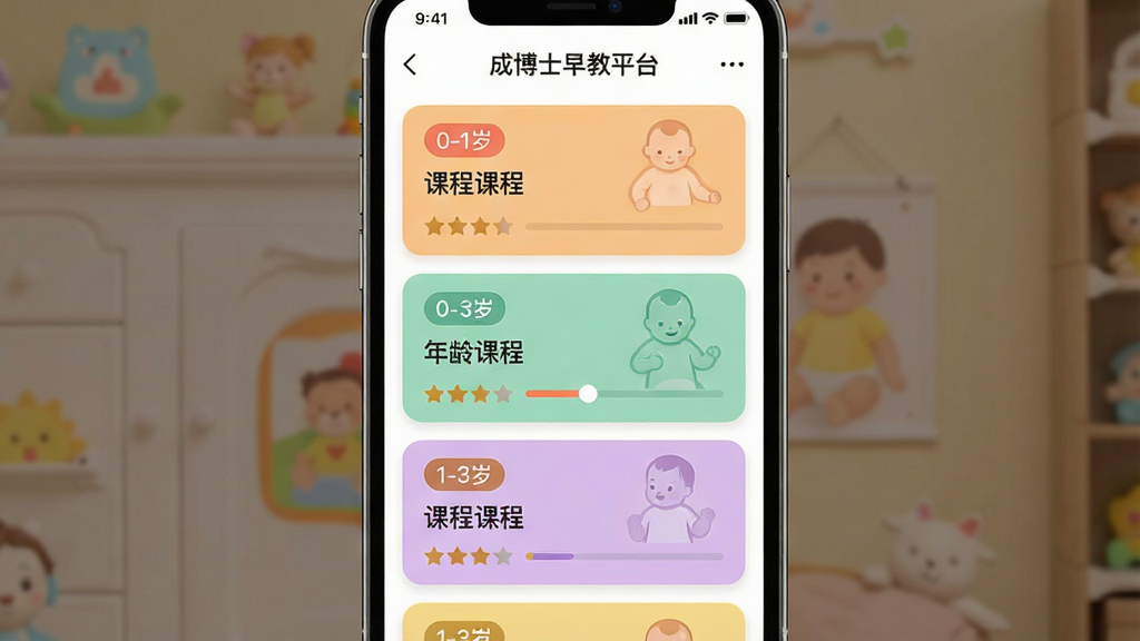 一张手机竖屏界面截图风格图片,展示“成博士早教平台”的课程列表页面。主体是分类清晰的彩色课程卡片,布局为上下滚动的列表排版,每个卡片上标注着“0-1岁”、“1-3岁”等年龄标签和课程名称。风格为现代简约的UI设计,色彩柔和温馨,细节包含卡片上的小星星评分和进度条。画质清晰,界面干净整洁,无多余广告元素,突出课程的体系化与丰富性。
