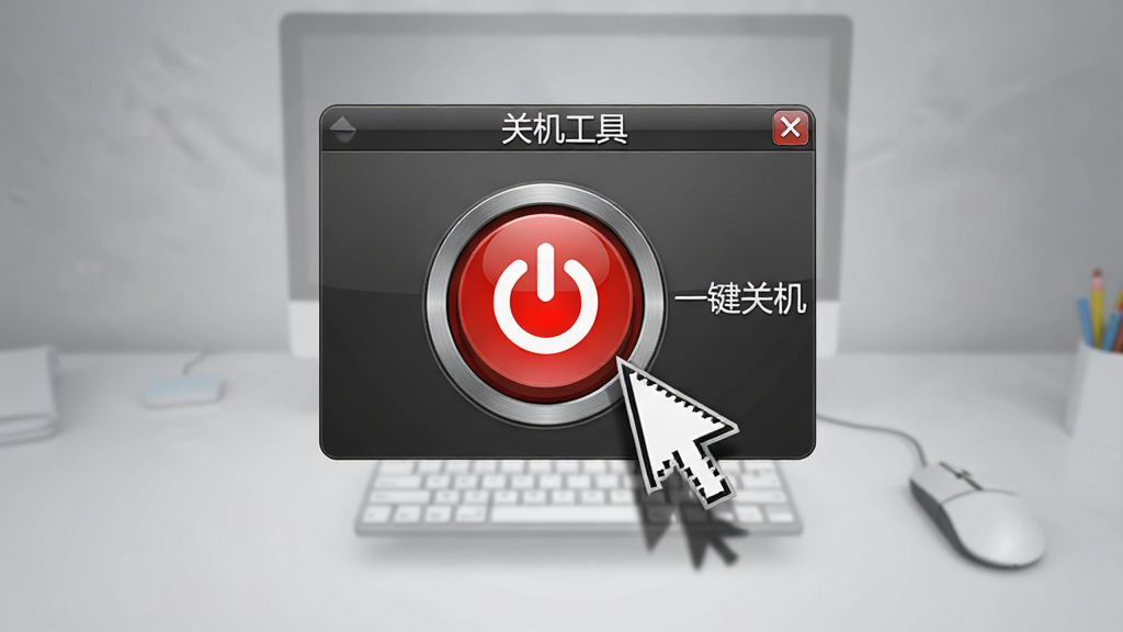主体:电脑桌面上悬浮着一个“关机工具”的小部件,显示一个大大的红色圆形关机按钮,旁边标注“一键关机”文字,鼠标指针正指向按钮,桌面干净整洁,背景为渐变灰色,布局居中,风格写实,细节包括按钮的金属质感和鼠标阴影,画质清晰干净,无多余元素