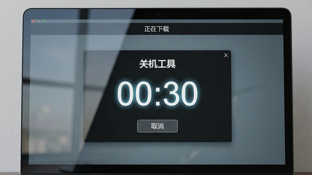 主体:一台笔记本电脑屏幕特写,屏幕上显示“关机工具”的倒计时设置界面,倒计时数字“00:30”高亮显示,旁边有一个“取消”按钮,屏幕上方有“正在下载”的提示条,整体氛围安静,布局居中,风格写实,细节包括屏幕反光和倒计时数字的发光效果,画质清晰干净,无多余元素